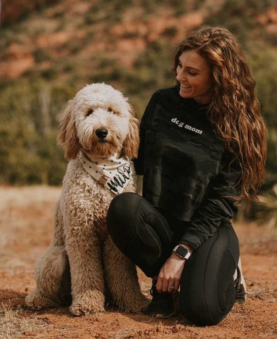 Goldendoodle with Dog Mom in Dog Mom Camo Cropped Hoodie Bella and Canvas Style made by Royal Collections and Co