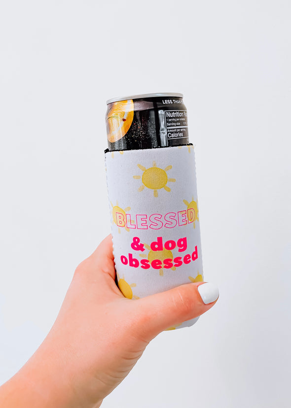 Blessed + Dog Obsessed Slim Can Cooler/Koozie sold by Royal Collections and Co. made by Dapper Paw