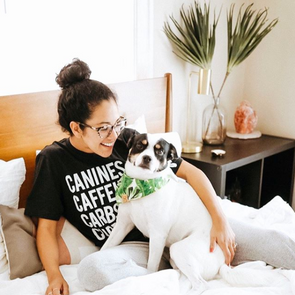 Caffeine, Canines, Carbs and Cuddles Dog Mom T-Shirt made by Royal Collections and Co. 