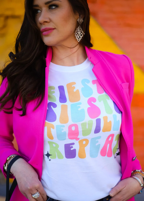 Fiesta, Siesta, Tequilla, Repeat, Colorful graphic cinco de mayo tee sold by Royal Collections and Co2