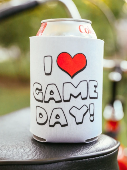 I heart Game Day Drink Sleeve Can Cooler Coozie made by Charlie Southern Sold by Royal Collections and Co football Fan