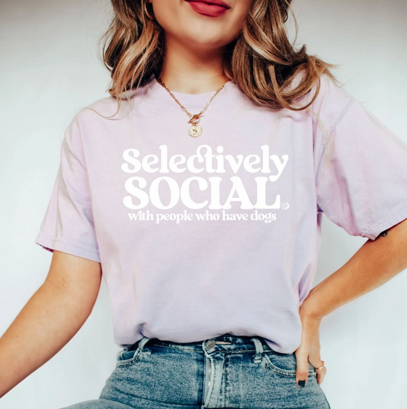 SELECTIVELY SOCIAL WITH PEOPLE WHO HAVE DOGS LILAC COMFORT COLORS DOG MOM TEE COZY AND OVERSIZED DOG MOM TSHIRT SOLD BY ROYAL COLLECTIONS AND CO